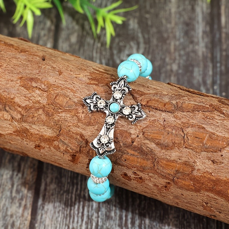 Ornate Cross & Turquoise Bead Bracelet