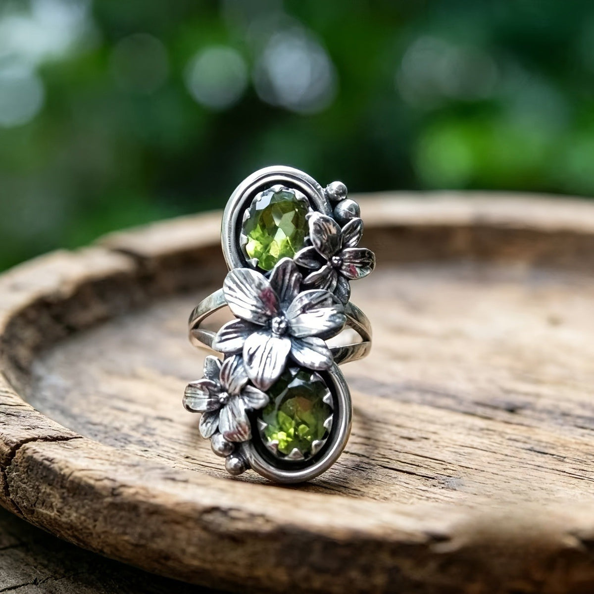 Double Peridot Floral Ring