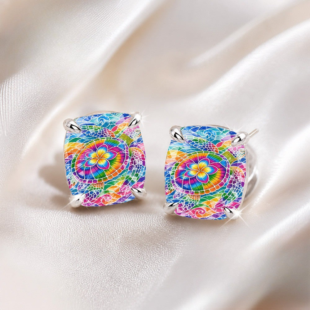 Colorful Mosaic Flower Square Stud Earrings