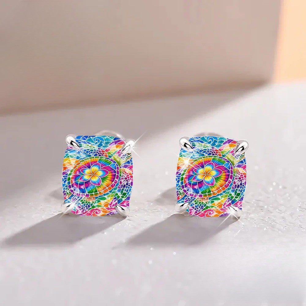 Colorful Mosaic Flower Square Stud Earrings