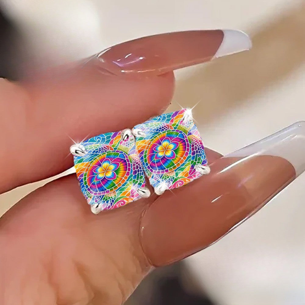 Colorful Mosaic Flower Square Stud Earrings
