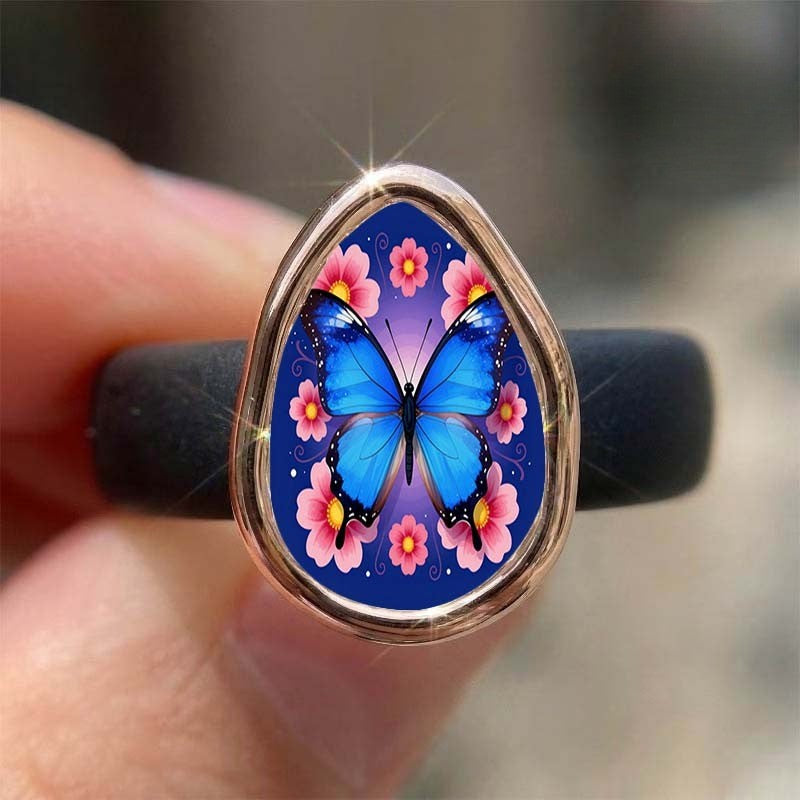 Blue Butterfly Floral Teardrop Ring