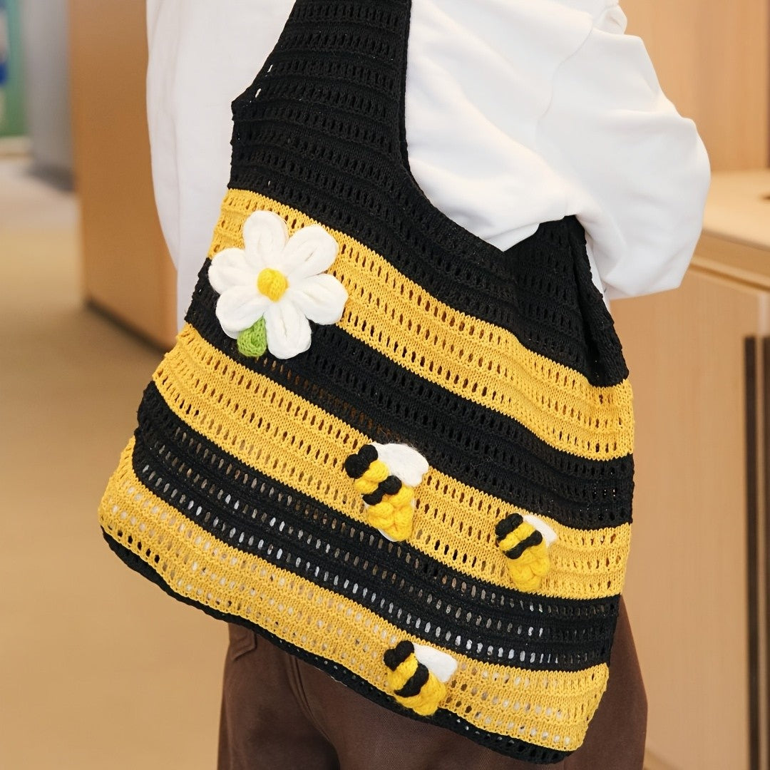 Bee & Daisy Crochet Tote Bag