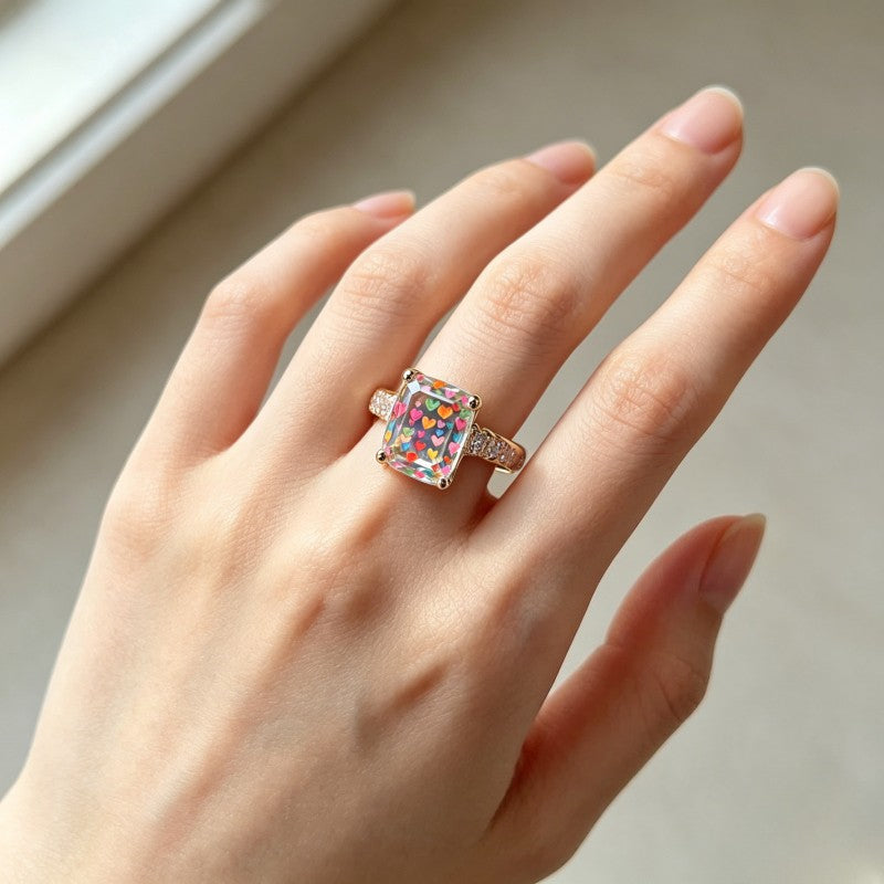 Colorful Hearts Square Ring