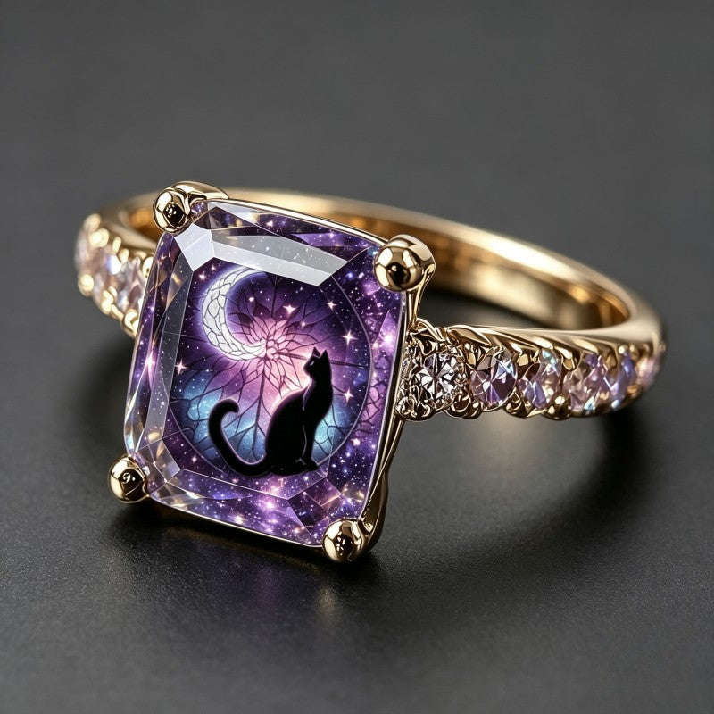 Galaxy Cat Crescent Moon Square Ring