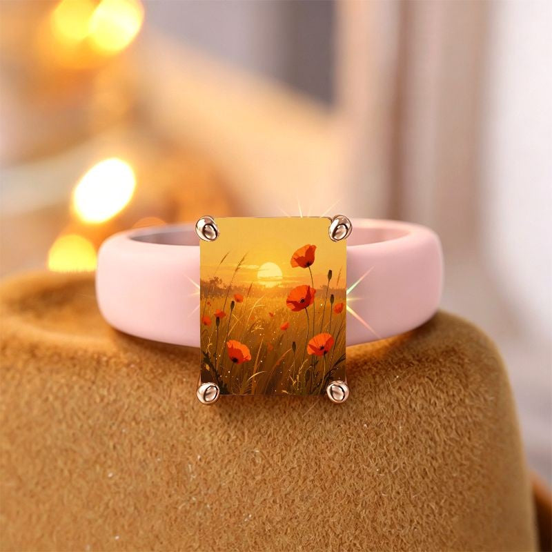 Sunset Poppy Field Square Ring