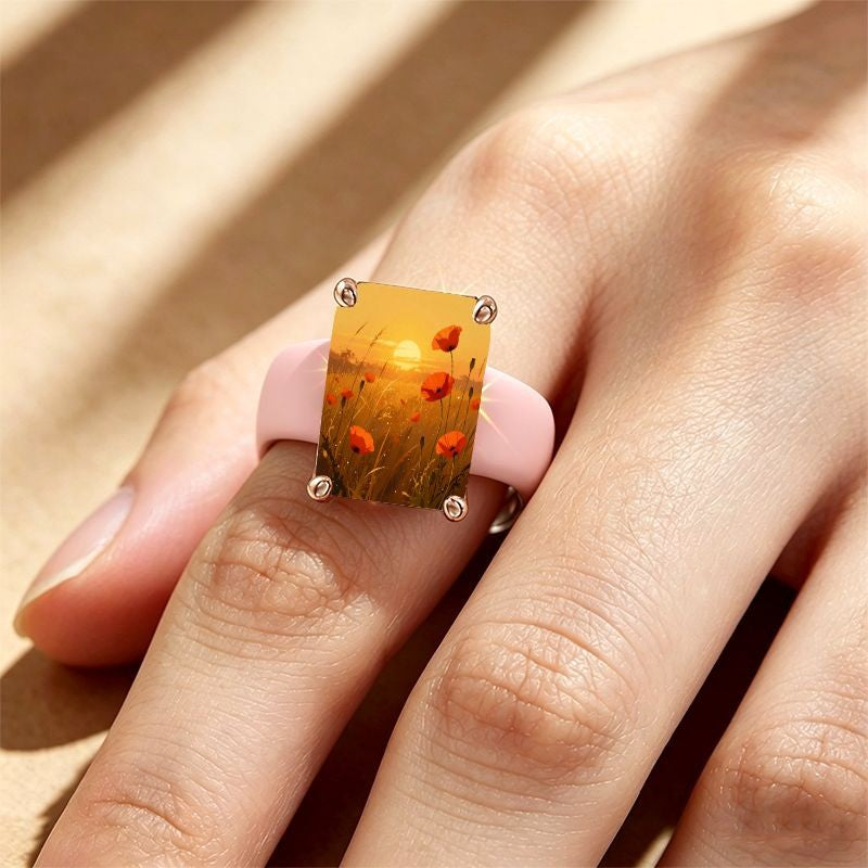 Sunset Poppy Field Square Ring