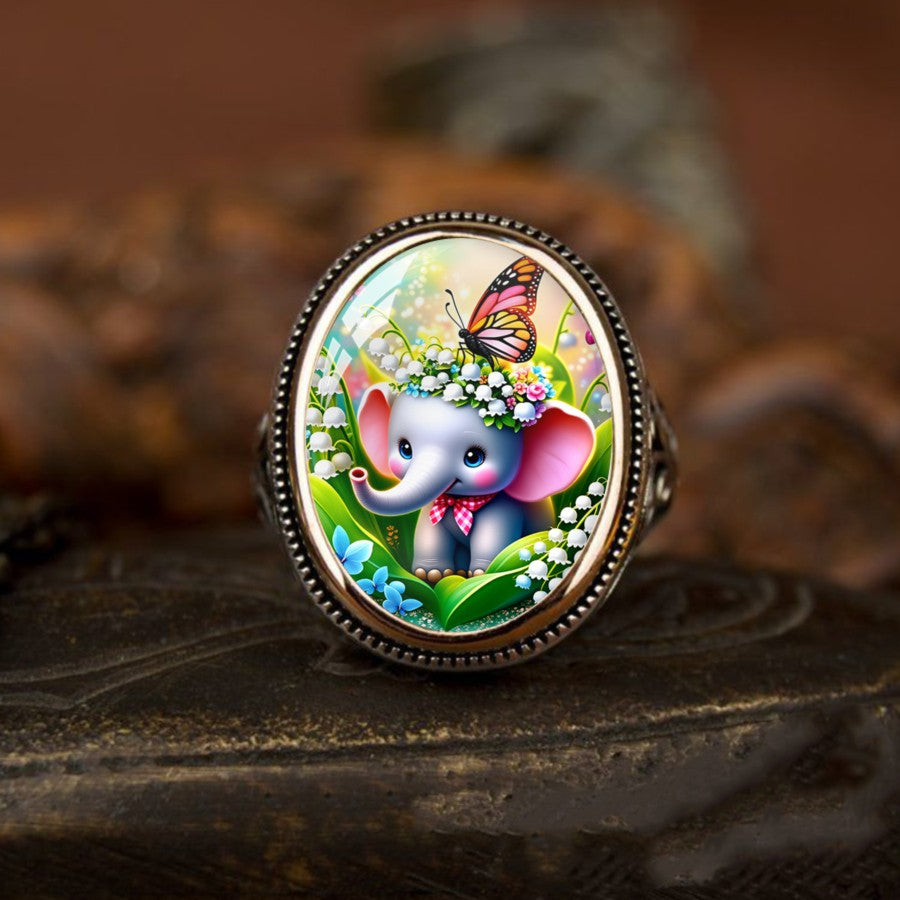 Elephant & Butterfly Oval Ring