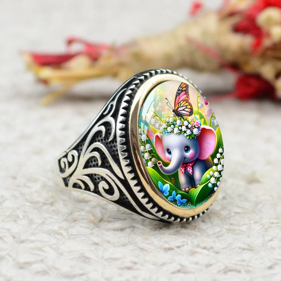 Elephant & Butterfly Oval Ring