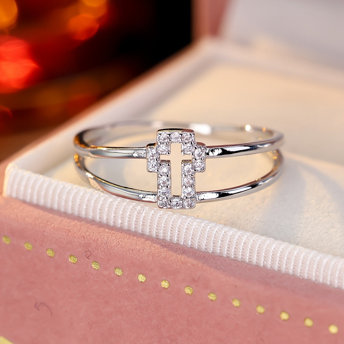 Crystal Cross Double Band Ring