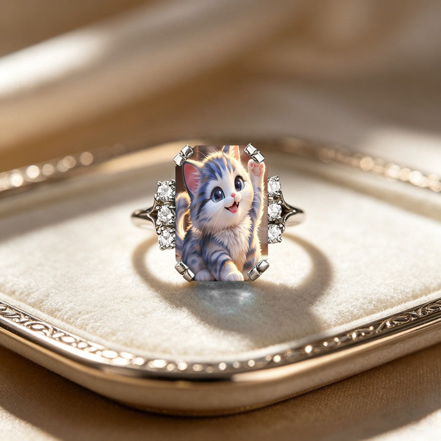 Waving Kitten Rectangle Ring