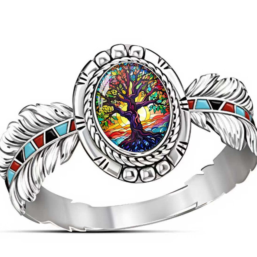 Oval Tree of Life Feather Ring