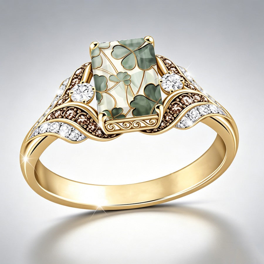 Green Clover Mosaic Square Ring