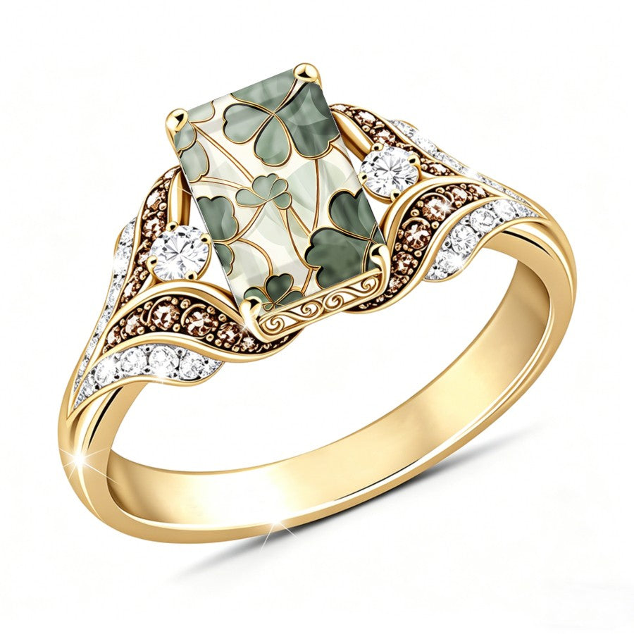 Green Clover Mosaic Square Ring