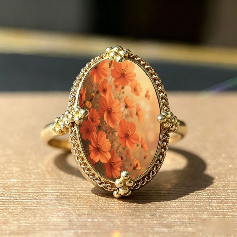 Orange Floral Glass Oval Ring