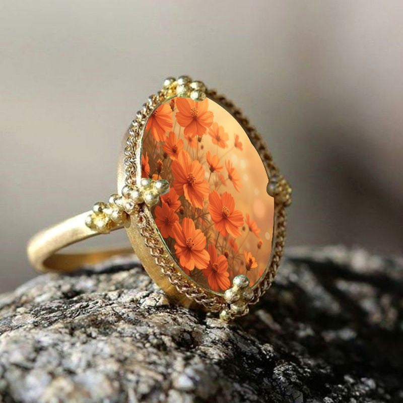 Orange Floral Glass Oval Ring