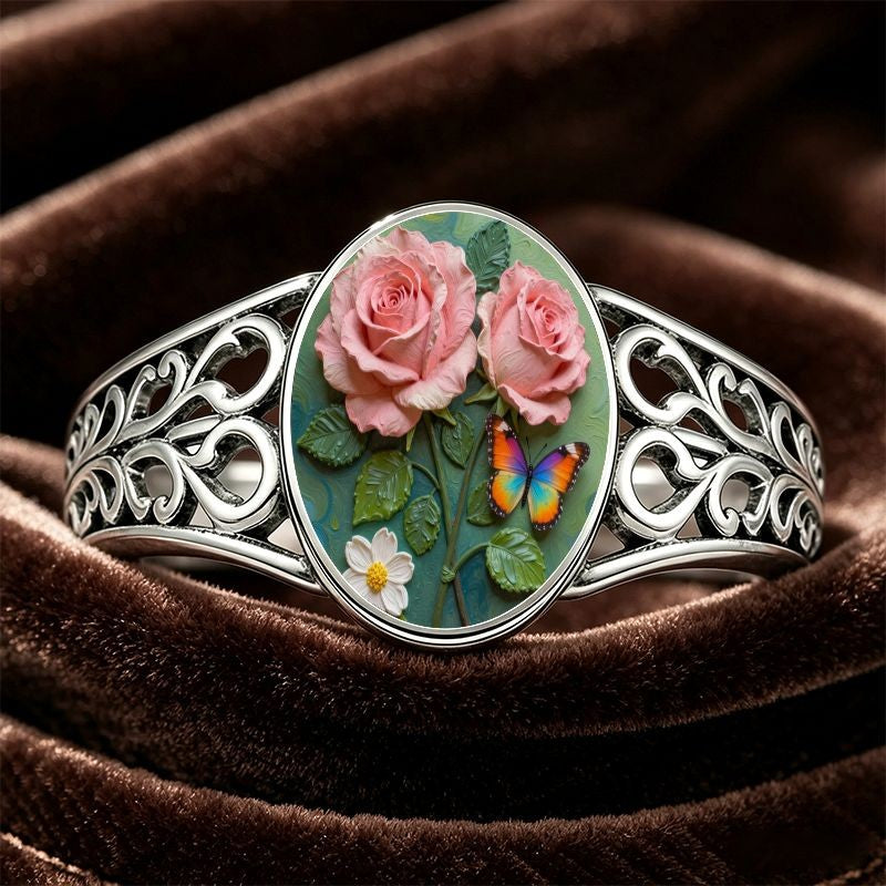 Pink Rose & Butterfly Filigree Ring