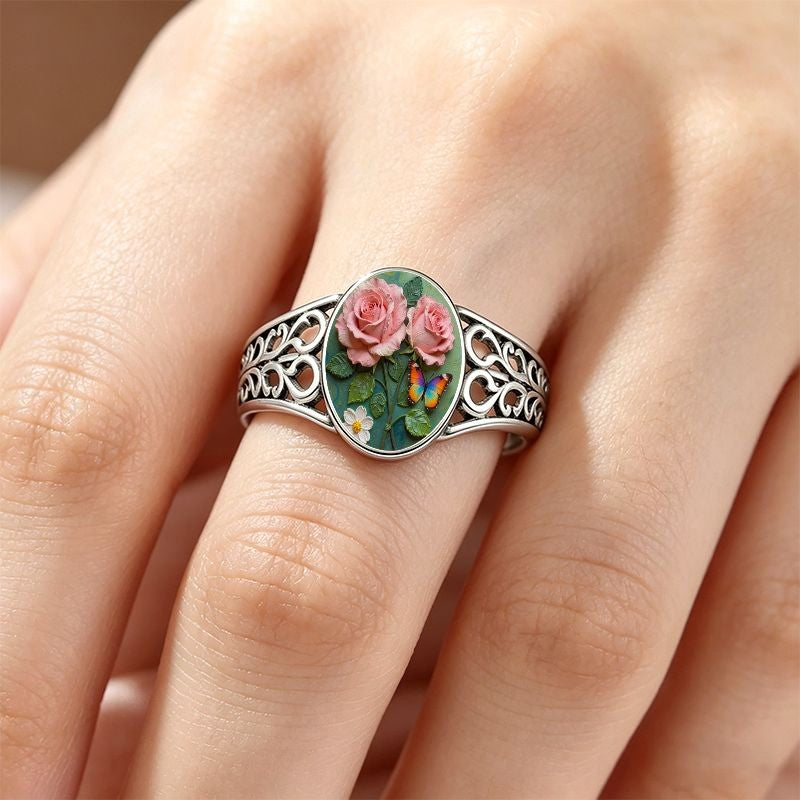 Pink Rose & Butterfly Filigree Ring