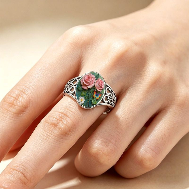 Pink Rose & Butterfly Filigree Ring