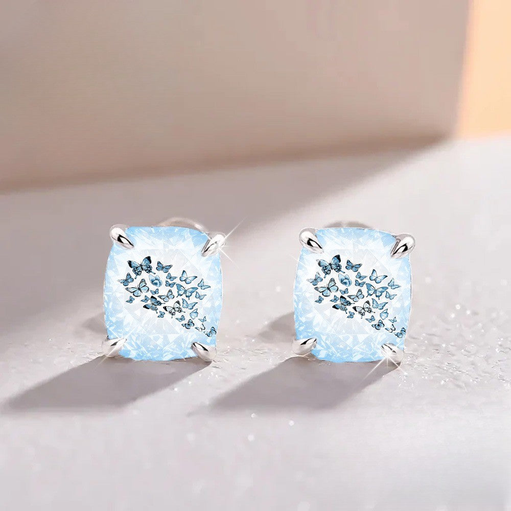 Blue Butterfly Mosaic Square Stud Earrings