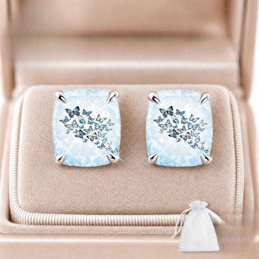 Blue Butterfly Mosaic Square Stud Earrings