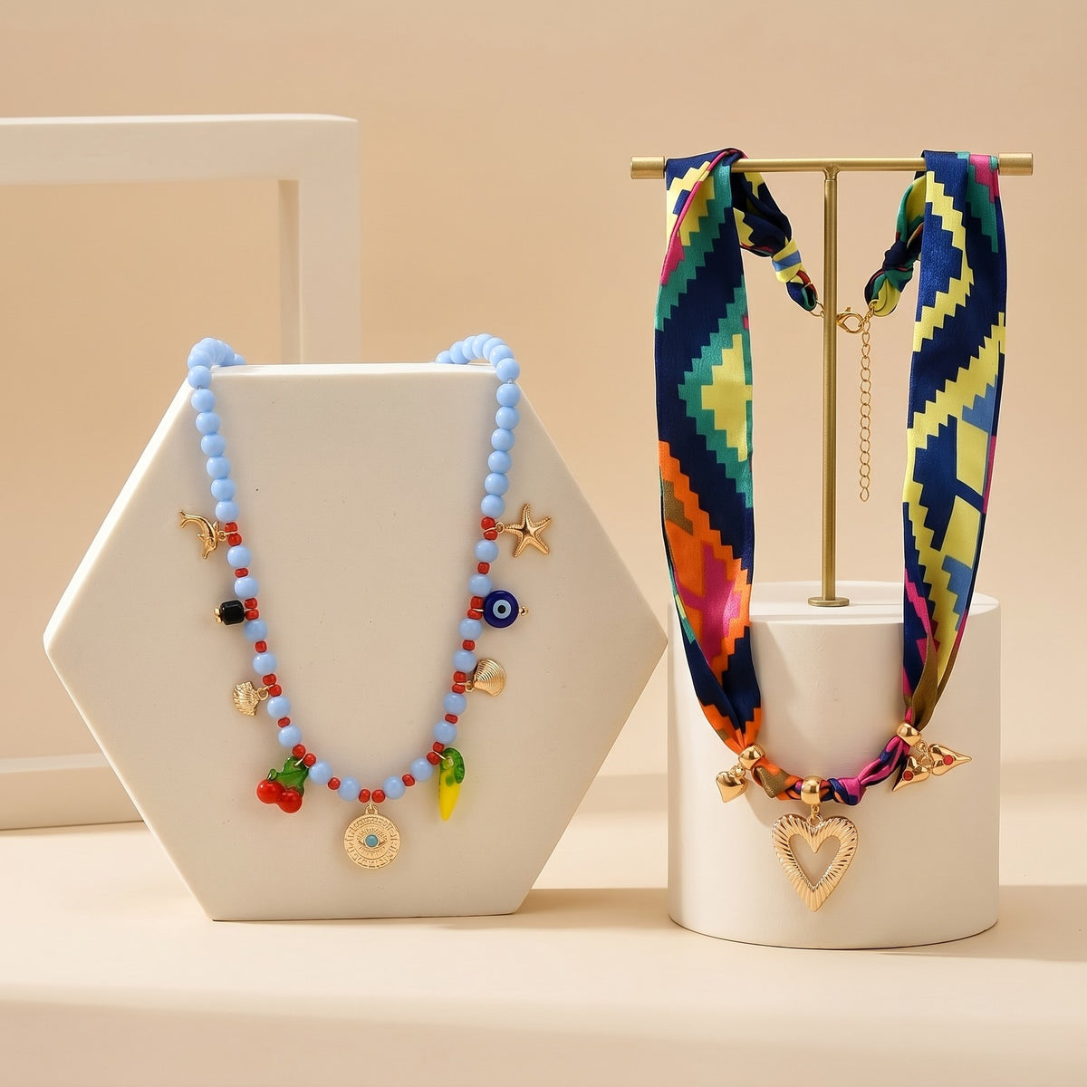Colorful Scarf & Beaded Nautical Charm Necklace Set
