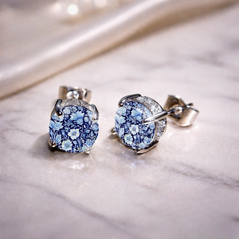 Blue Floral Glass Dome Stud Earrings