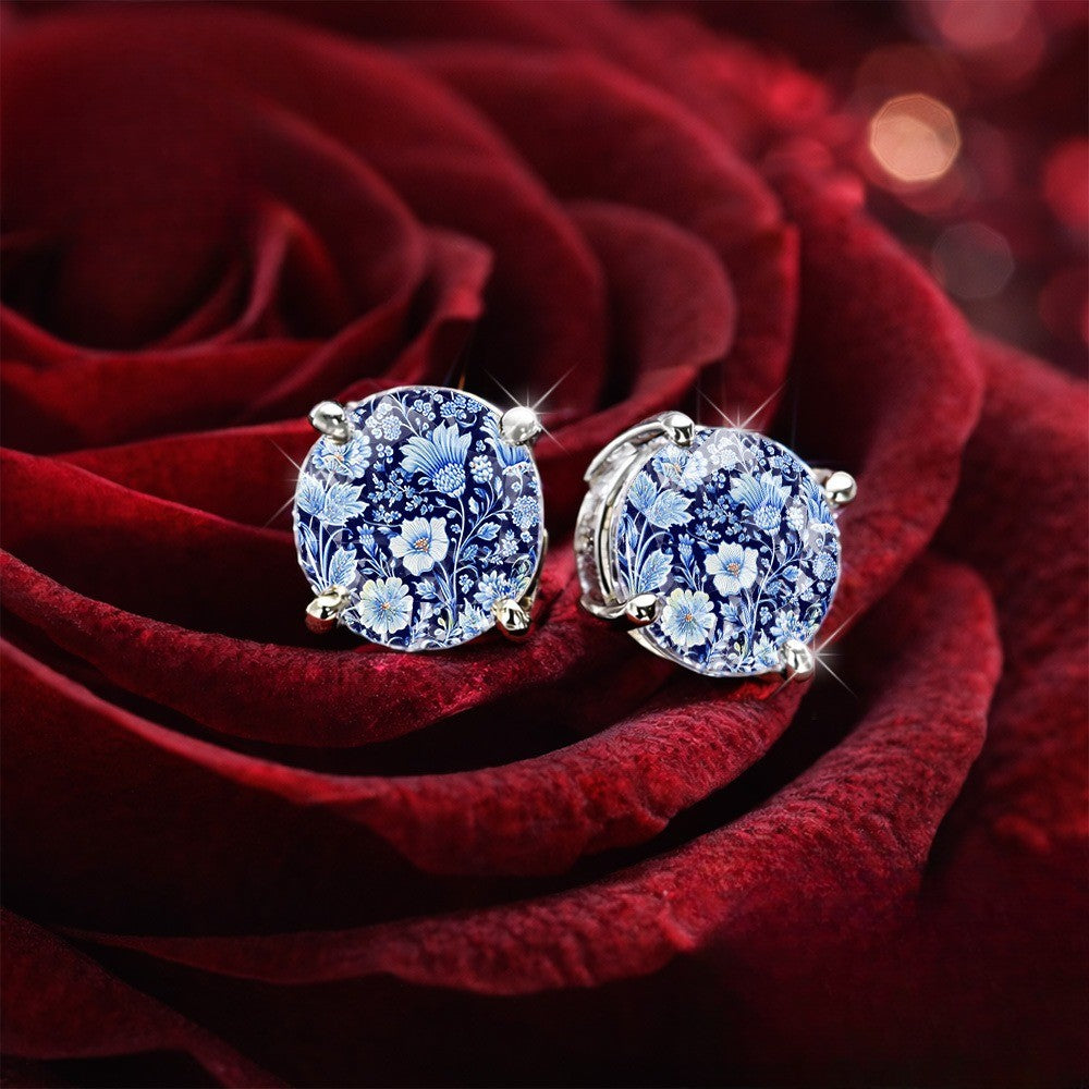 Blue Floral Glass Dome Stud Earrings