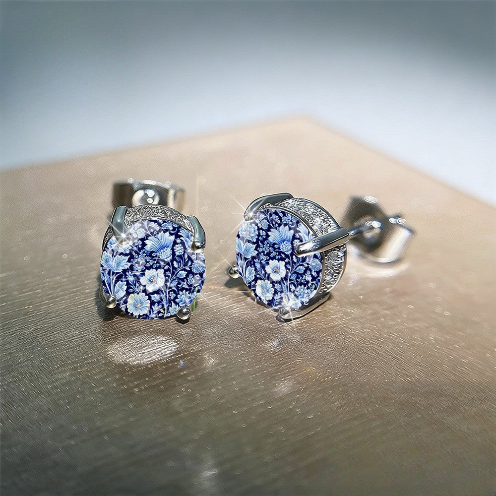 Blue Floral Glass Dome Stud Earrings