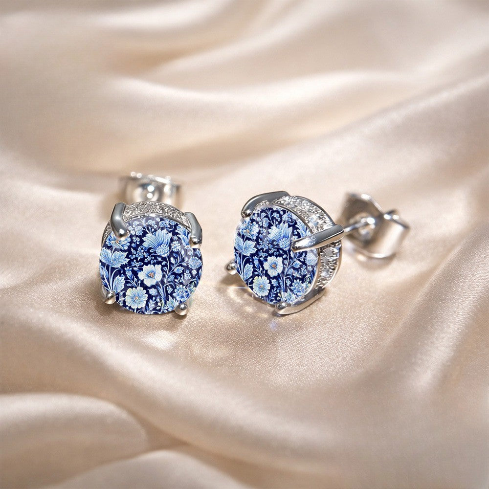 Blue Floral Glass Dome Stud Earrings
