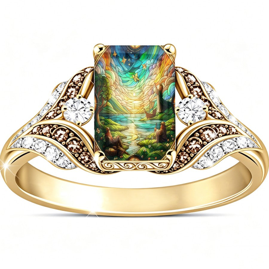 Stained Glass River Scene Ring