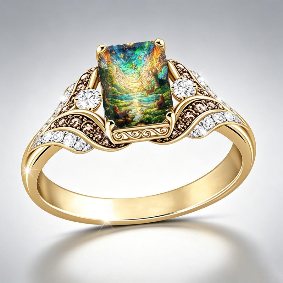 Stained Glass River Scene Ring