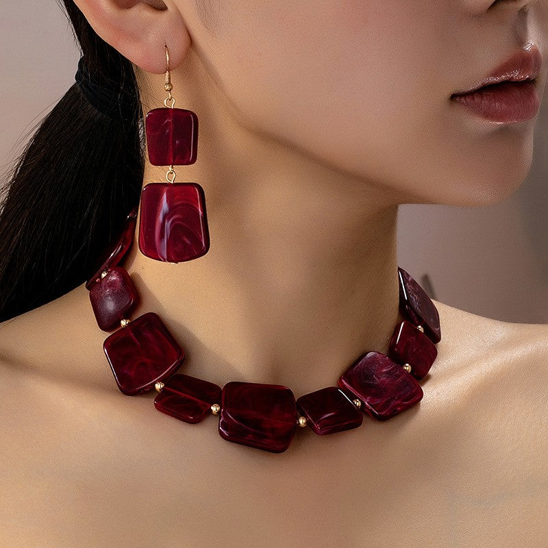 Burgundy Marble Square Necklace & Earring Set