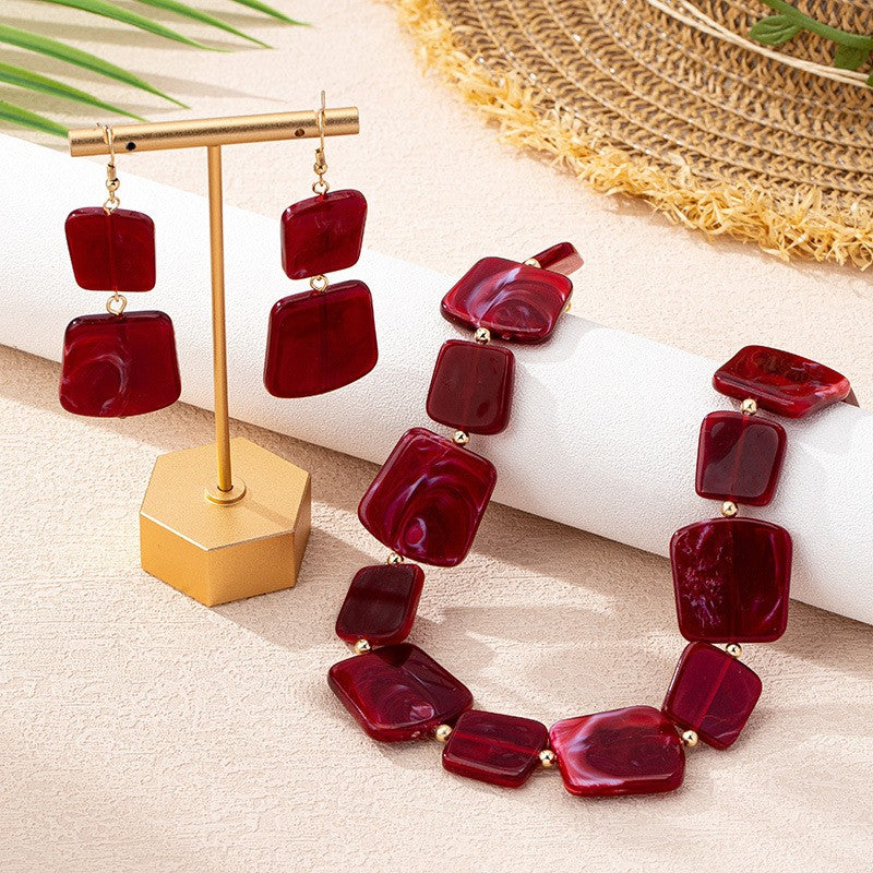 Burgundy Marble Square Necklace & Earring Set
