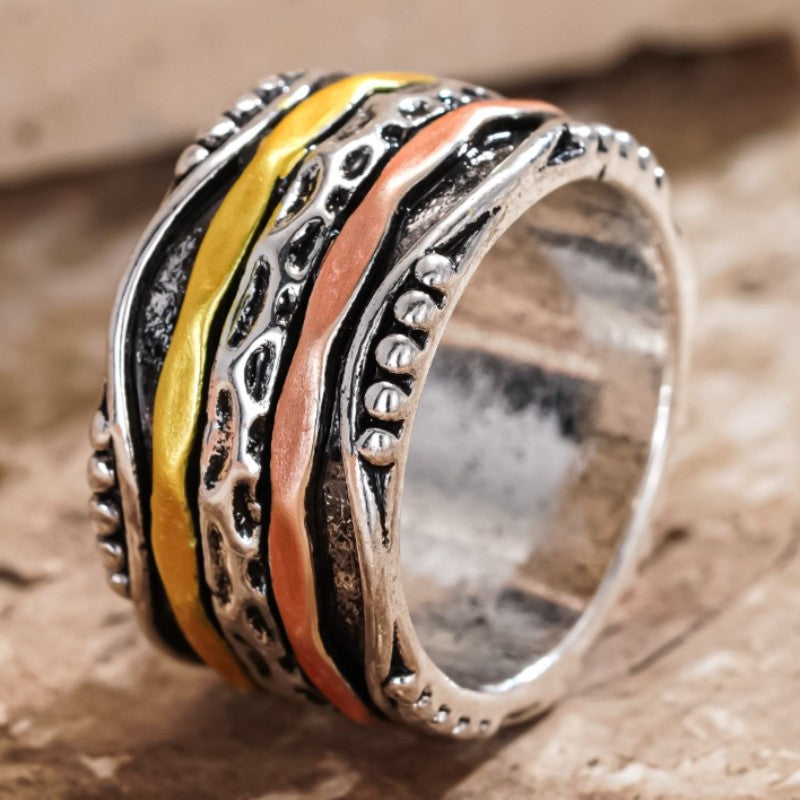 Tri-Color Carved Wave Ring