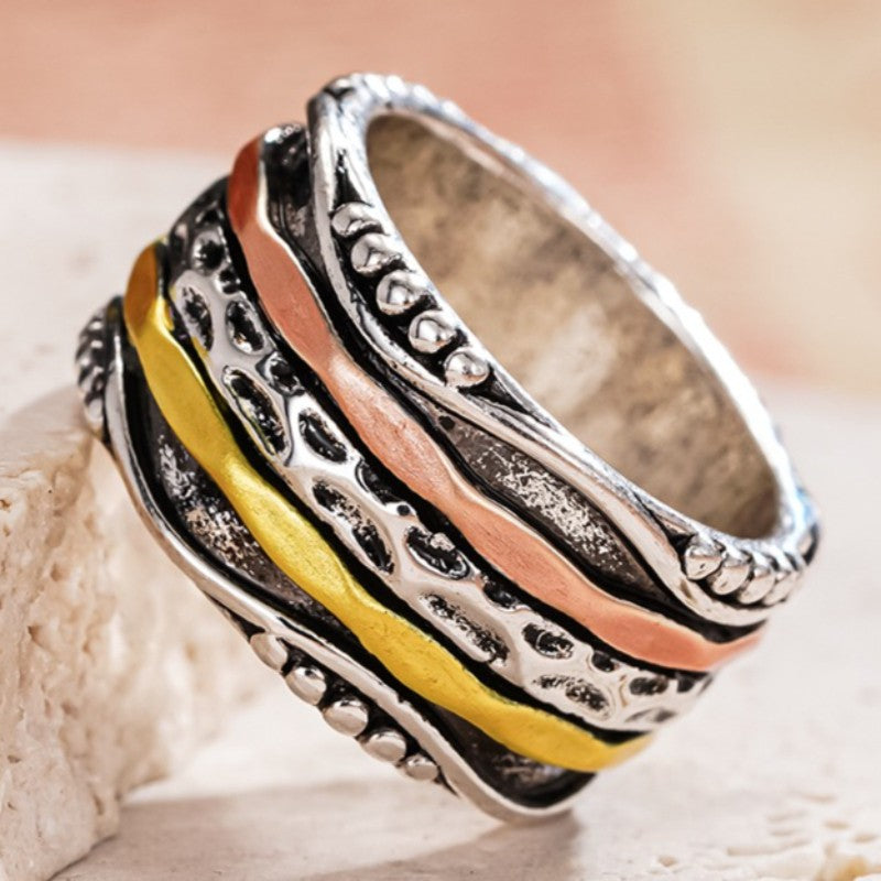 Tri-Color Carved Wave Ring