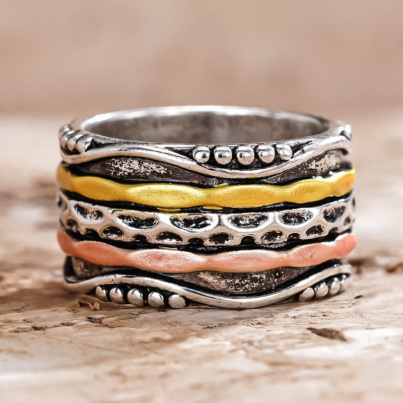 Tri-Color Carved Wave Ring