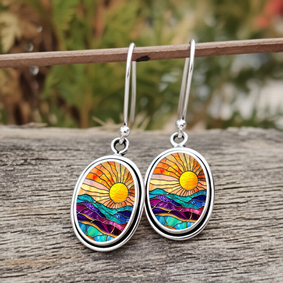 Stained Glass Sun Oval Earrings
