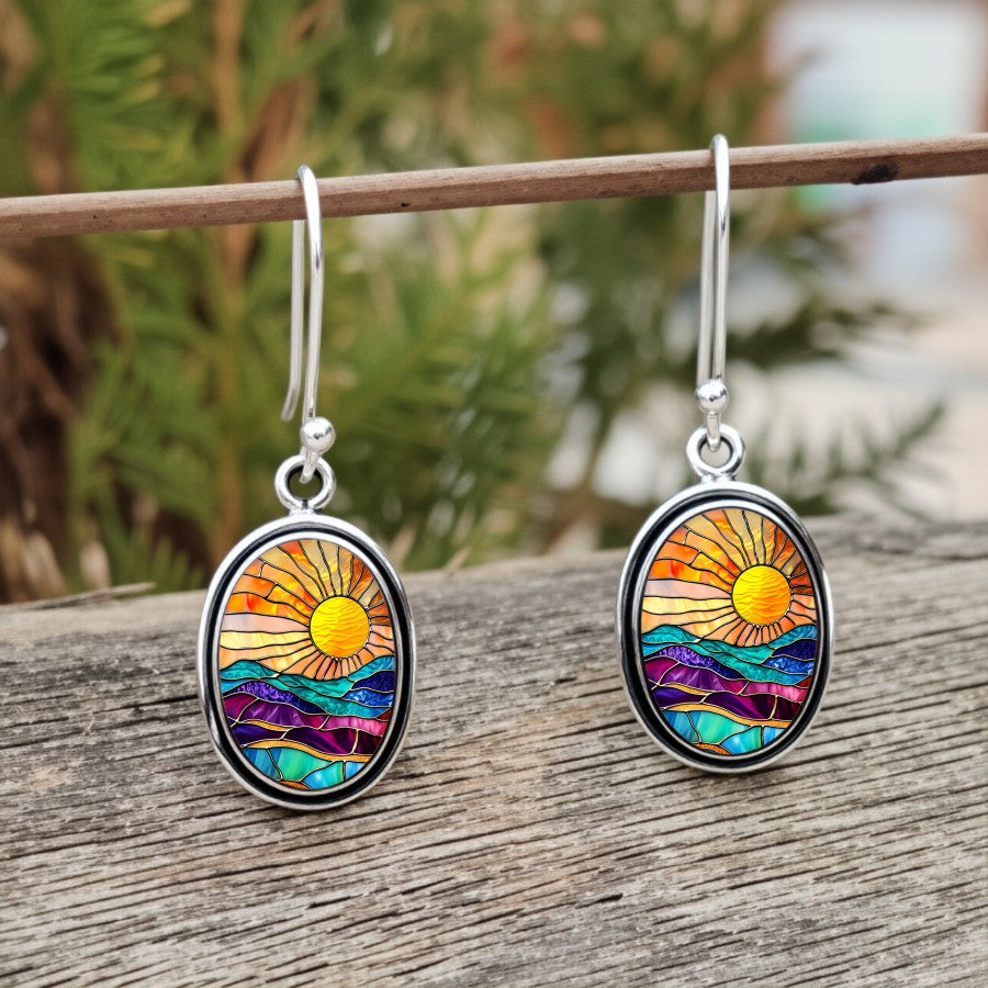 Stained Glass Sun Oval Earrings