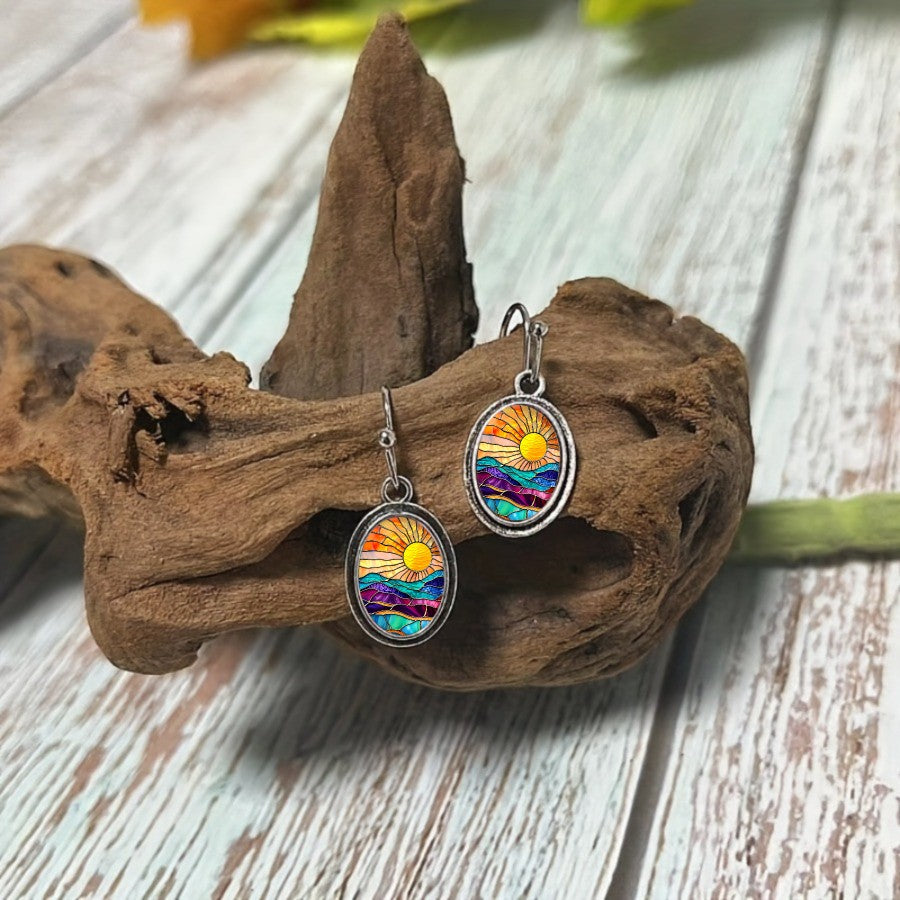 Stained Glass Sun Oval Earrings