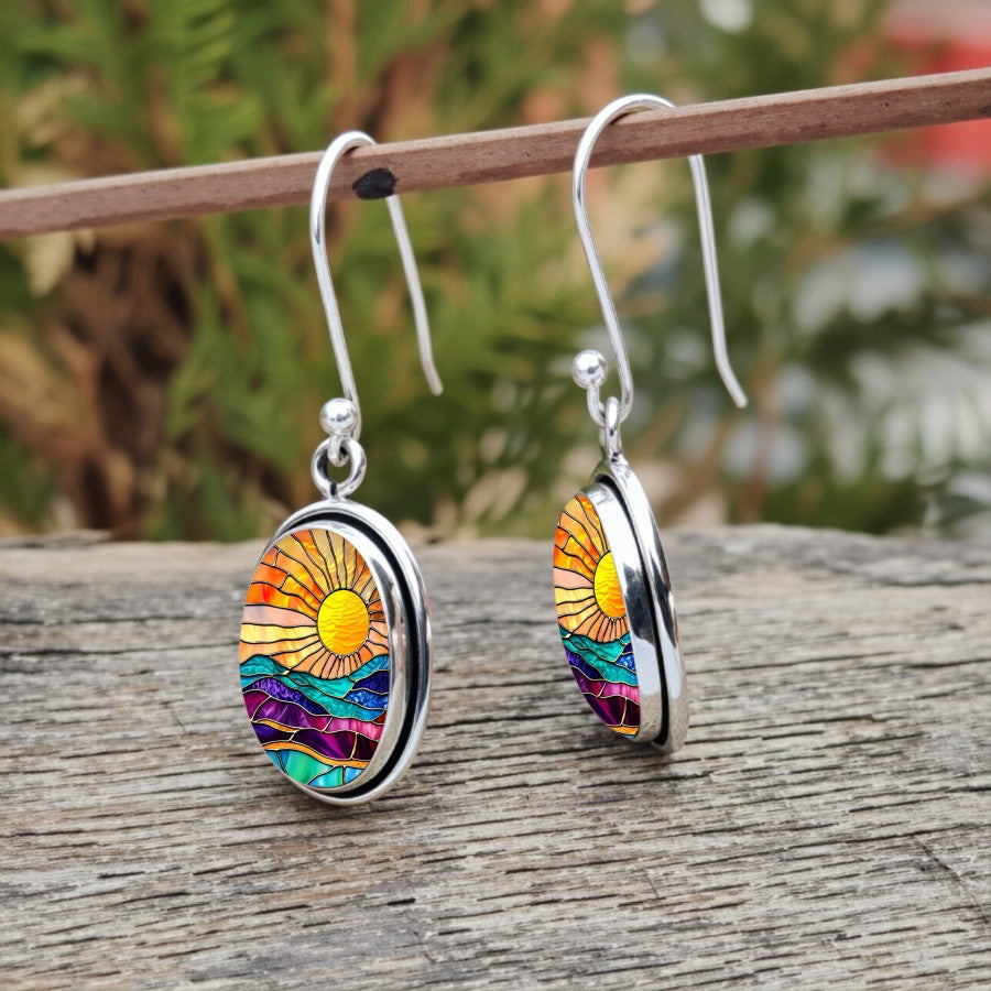Stained Glass Sun Oval Earrings