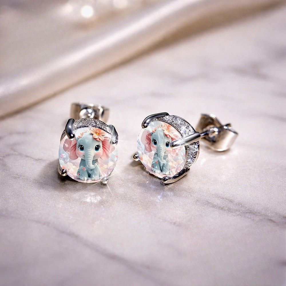 Floral Elephant Glass Dome Stud Earrings