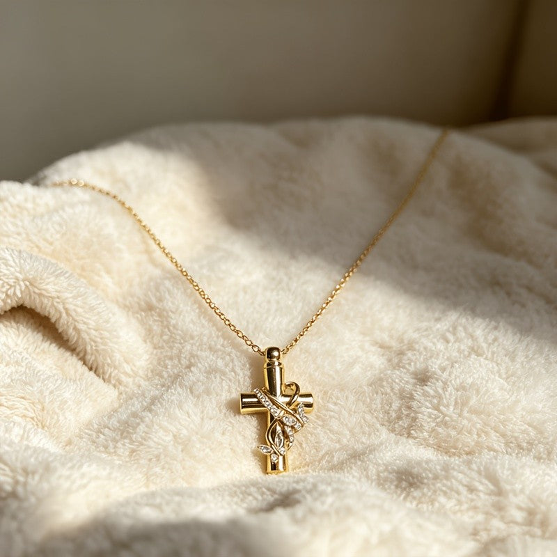 Crystal Vine Cross Urn Necklace