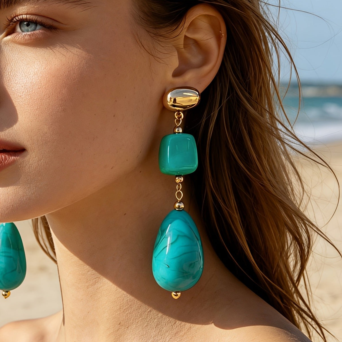 Teal Square & Drop Earrings