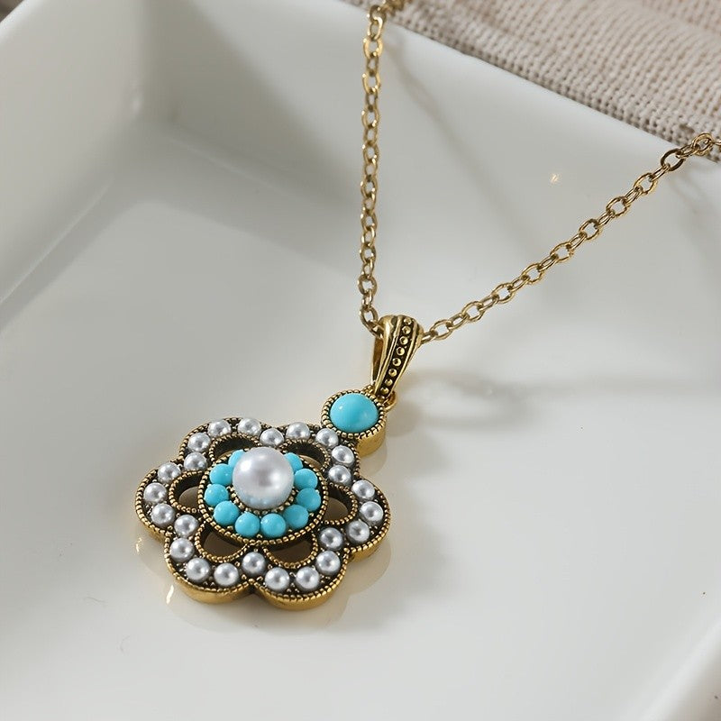 Turquoise Pearl Medallion Necklace
