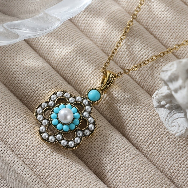 Turquoise Pearl Medallion Necklace