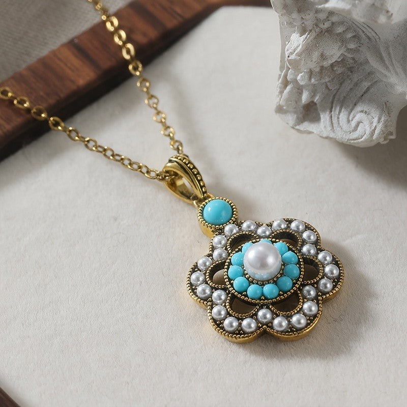 Turquoise Pearl Medallion Necklace