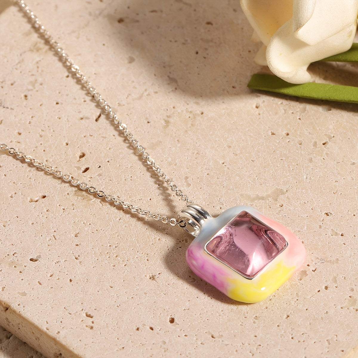 Square Glass Inlay Pendant Necklace