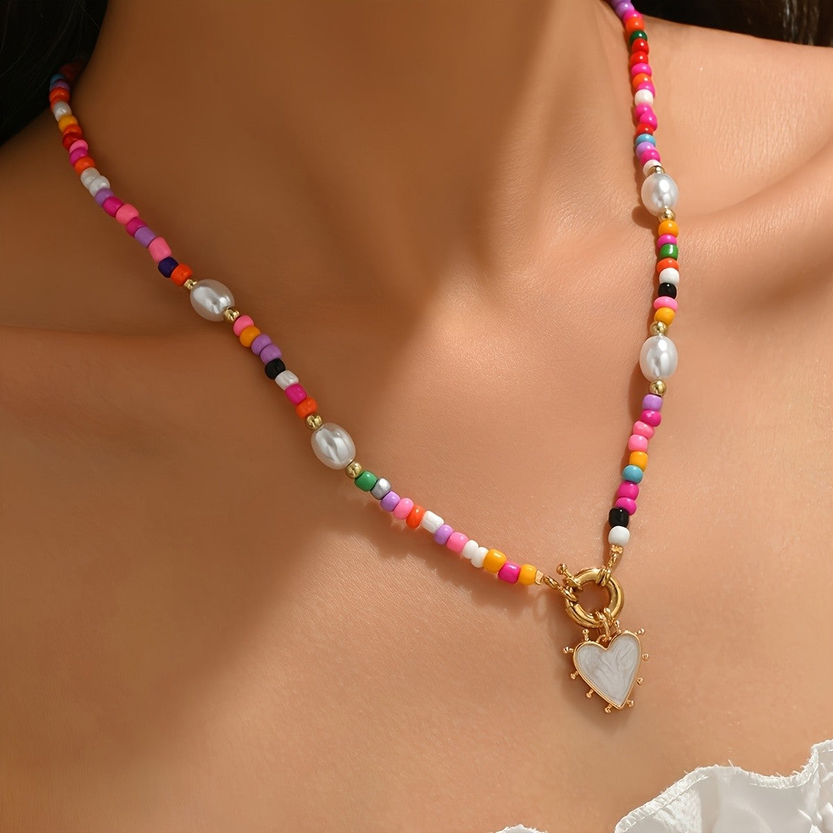 Multicolor Bead Heart Charm Necklace