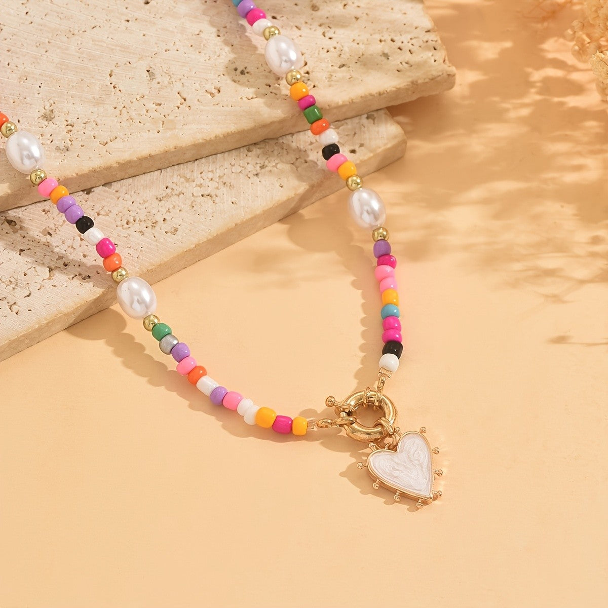 Multicolor Bead Heart Charm Necklace